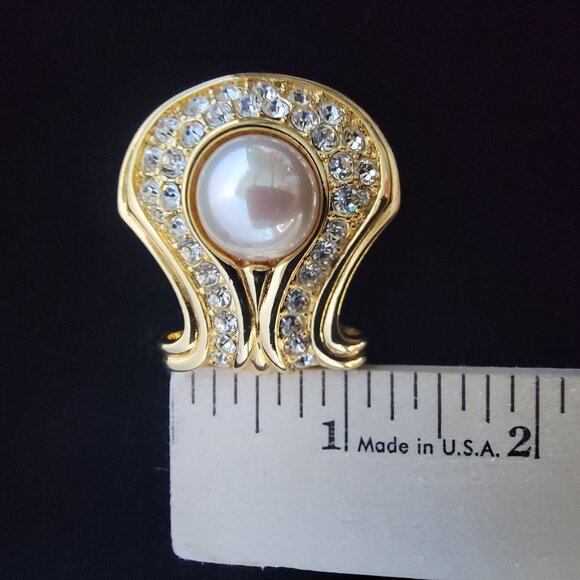 Nolan Miller Gold Faux Pearl Necklace Pave Crystals Lyre Shaped Pendant - Picture 14 of 14